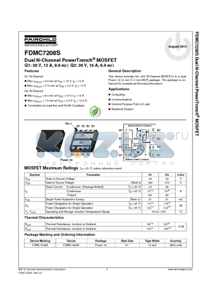 FDMC7208S_12 datasheet - Dual N-Channel PowerTrench^ MOSFET Q1: 30 V, 12 A, 9.0 mY Q2: 30 V, 16 A, 6.4 mY