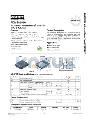 FDMS86520 datasheet - N-Channel PowerTrench^ MOSFET 60 V, 42 A, 7.4 mY