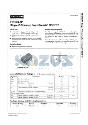 FDN352AP datasheet - Single P-Channel, PowerTrench MOSFET