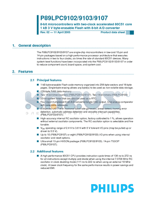 P89LPC9103FTK datasheet - 8-bit microcontrollers with two-clock accelerated 80C51 core 1 kB 3 V byte-erasable Flash with 8-bit A/D converter