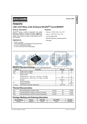 FDS2572 datasheet - 150V, 0.047 Ohms, 4.9A, N-Channel UltraFET Trench MOSFET
