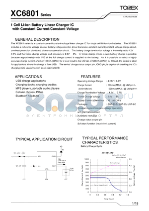 XC6801 datasheet - 1 Cell Li-ion Battery Linear Charger IC with Constant-Current/Constant-Voltage