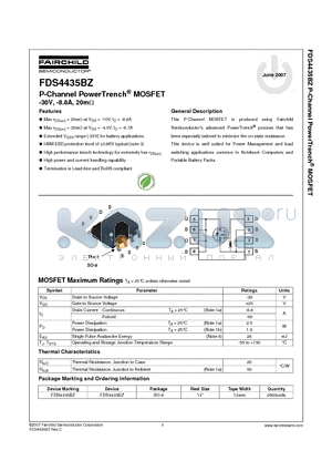 FDS4435BZ_07 datasheet - P-Channel PowerTrench^ MOSFET -30V, -8.8A, 20mY