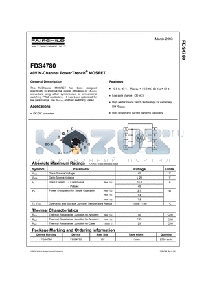 FDS4780 datasheet - 40V N-Channel PowerTrench MOSFET