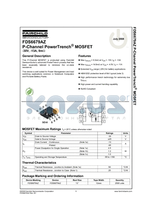FDS6679AZ_08 datasheet - P-Channel PowerTrench^ MOSFET