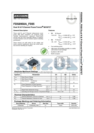 FDS8958A datasheet - Dual N & P-Channel PowerTrench MOSFET