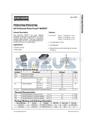 FDU3706 datasheet - 20V N-Channel PowerTrench MOSFET
