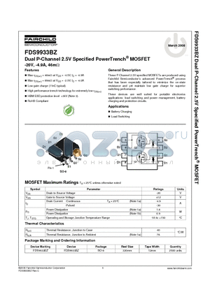 FDS9933BZ datasheet - Dual P-Channel 2.5V Specified PowerTrench^ MOSFET