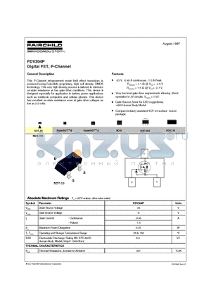 FDV304P datasheet - Digital FET, P-Channel