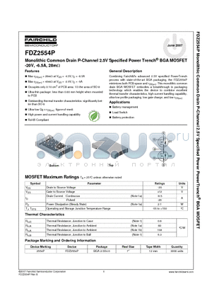 FDZ2554P_07 datasheet - Monolithic Common Drain P-Channel 2.5V Specified PowerTrench BGA MOSFET