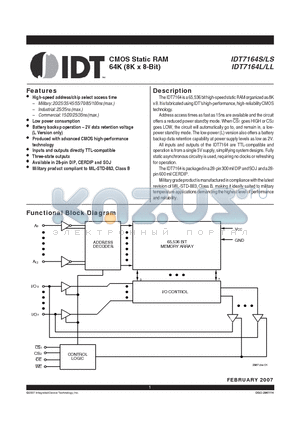 IDT7164L datasheet - CMOS Static RAM 64K (8K x 8-Bit)