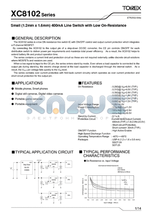 XC8102 datasheet - Small (1.2mm x 1.6mm) 400mA Line Switch with Low On-Resistance