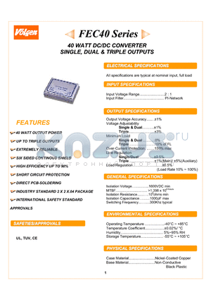 FEC40-24T3315 datasheet - 40 WATT DC/DC CONVERTER SINGLE, DUAL & TRIPLE OUTPUTS