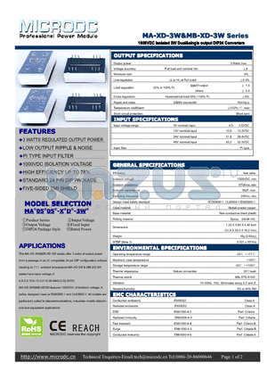 MA-XD-3W datasheet - 1000VDC Isolated 3WDual&single output DIP24 Converters