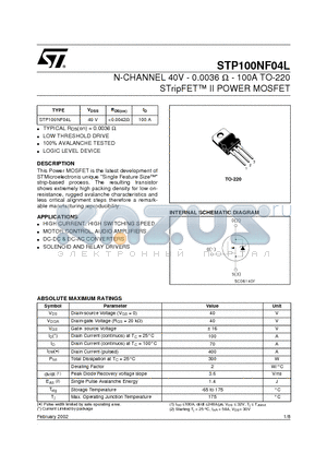 STP100NF04L datasheet - N-CHANNEL 40V - 0.0036 ohm - 100A TO-220 STripFET II POWER MOSFET