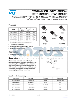 STP16NM50N datasheet - N-channel 500 V - 0.21 Y - 15 A MDmesh II Power MOSFET D2PAK - I2PAK - TO-220 - TO-247- TO-220FP