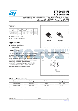 STP200N4F3 datasheet - N-channel 40V - 0.0035Y - 120A - D2PAK - TO-220 planar STripFET Power MOSFET