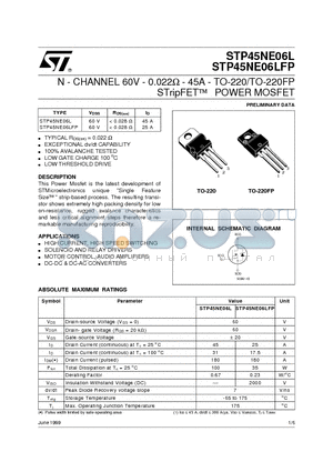 STP45NE06LFP datasheet - N - CHANNEL 60V - 0.022ohm - 45A - TO-220/TO-220FP STripFET  POWER MOSFET