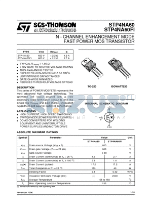 STP4NA60 datasheet - N - CHANNEL ENHANCEMENT MODE FAST POWER MOS TRANSISTOR