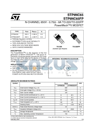 STP9NC65 datasheet - N-CHANNEL 650V - 0.75omp - 8A TO-220/TO-220FP PowerMeshII MOSFET