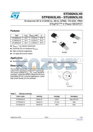STP85N3LH5 datasheet - N-channel 30 V, 0.0042 Y , 80 A, DPAK, TO-220, IPAK STripFET V Power MOSFET