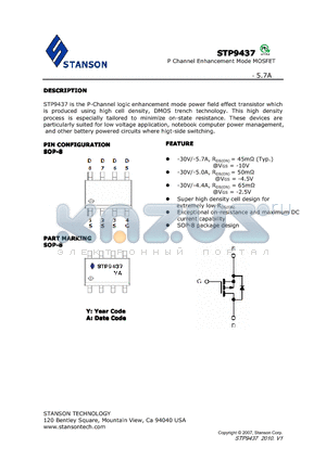 STP9437 datasheet - STP9437 is the P-Channel logic enhancement mode power field effect transistor which is produced using high cell density, DMOS trench technology.