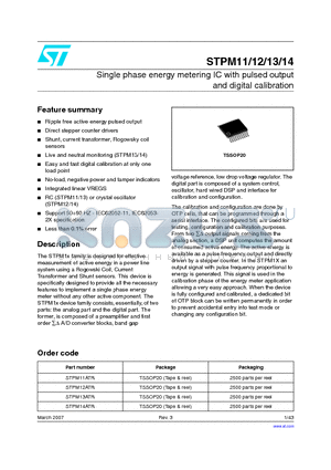 STPM14ATR datasheet - Single phase energy metering IC with pulsed output and digital calibration