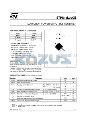 STPS15L30CB-TR datasheet - LOW DROP POWER SCHOTTKY RECTIFIER