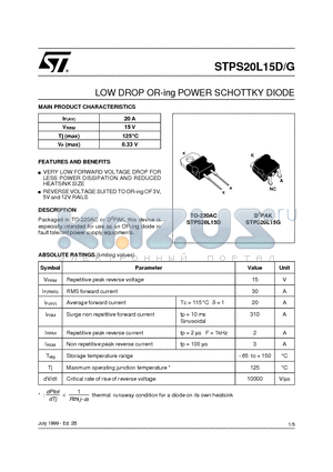STPS20L15G-TR datasheet - LOW DROP OR-ing POWER SCHOTTKY DIODE