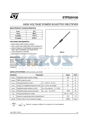 STPS2H100RL datasheet - HIGH VOLTAGE POWER SCHOTTKY RECTIFIER