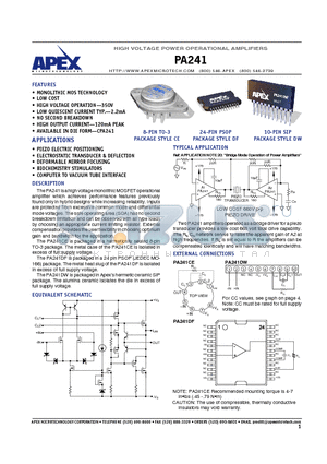 PA241DWA datasheet - High Voltage Power Operational Amplifiers