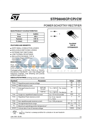 STPS6045CP datasheet - POWER SCHOTTKY RECTIFIER