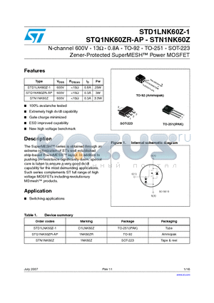 STQ1NK60ZR-AP datasheet - N-channel 600V - 13Y - 0.8A - TO-92 - TO-251 - SOT-223 Zener-Protected SuperMESH Power MOSFET
