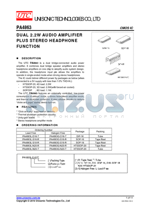 PA4863G-D16-T datasheet - DUAL 2.2W AUDIO AMPLIFIER PLUS STEREO HEADPHONE FUNCTION