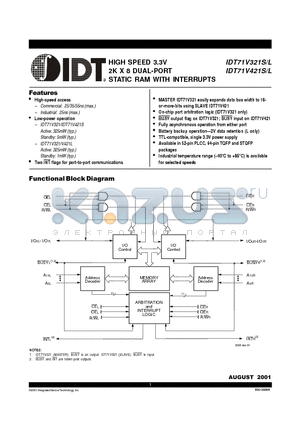 IDT71V421L25TF datasheet - HIGH-SPEED 3.3V 2K x 8 DUAL-PORT STATIC RAM WITH INTERRUPT