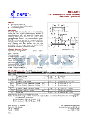 STS-8831 datasheet - Dual Channel Optical Switch Assembly Over / Under Optical Axis