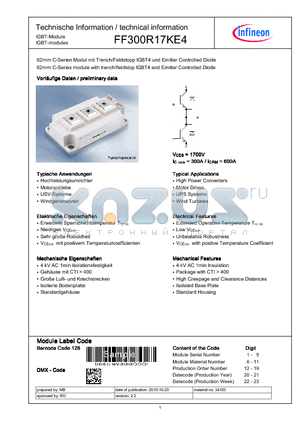 FF300R17KE4 datasheet - 62mm C-Series module with trench/Fieldstopp IGBT4 and Emitter Controlled Diode