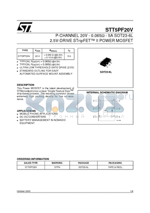 STT5PF20V datasheet - P-CHANNEL 20V - 0.065W - 5A SOT23-6L 2.5V-DRIVE STripFET II POWER MOSFET