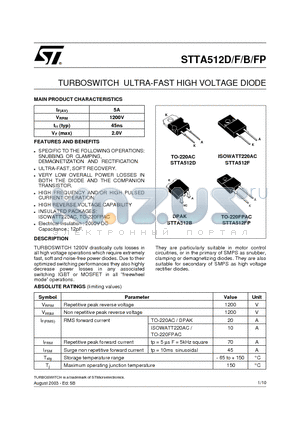 STTA512F datasheet - TURBOSWITCH ULTRA-FAST HIGH VOLTAGE DIODE