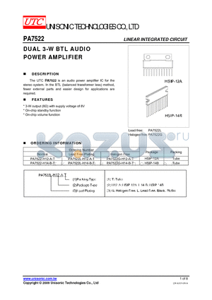 PA7522-H12-A-T datasheet - DUAL 3-W BTL AUDIO POWER AMPLIFIER