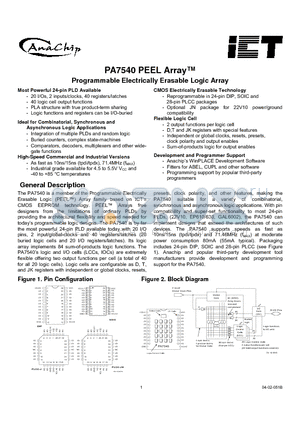 PA7540J-15 datasheet - PA7540 PEEL Array Programmable Electrically Erasable Logic Array