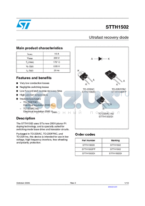 STTH1502DI datasheet - Ultrafast recovery diode