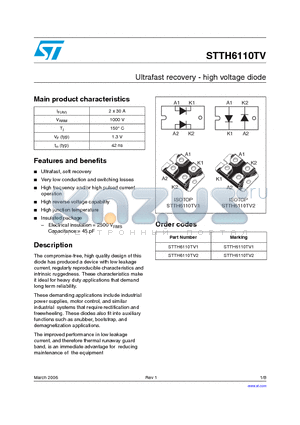 STTH6110TV datasheet - Ultrafast recovery - high voltage diode