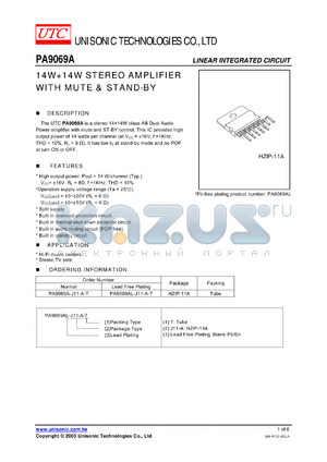 PA9069AL-J11-A-T datasheet - 14W14W STEREO AMPLIFIER WITH MUTE & STAND-BY