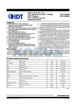 IDT71V65803S133BG datasheet - 256K x 36, 512K x 18 3.3V Synchronous ZBT SRAMs