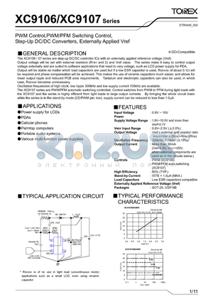 XC9106_1 datasheet - PWM Control,PWM/PFM Switching Control, Step-Up DC/DC Converters, Externally Applied Vref