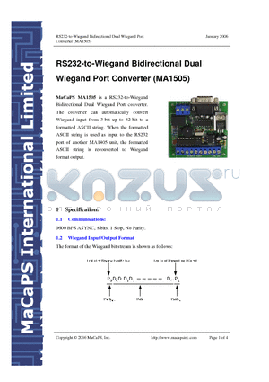 MA1505 datasheet - RS232-to-Wiegand Bidirectional Dual Wiegand Port Converter