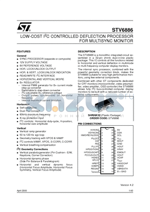 STV6886 datasheet - LOW-COST I2C CONTROLLED DEFLECTION PROCESSOR FOR MULTISYNC MONITOR