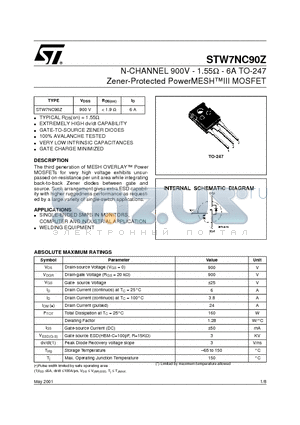 STW7NC90Z datasheet - N-CHANNEL 900V - 1.55ohm - 6A TO-247 Zener-Protected PowerMESHIII MOSFET
