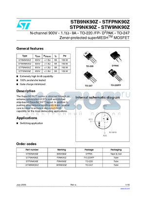 STW9NK90Z datasheet - N-CHANNEL 900V - 1.1Ohm - 8A - TO-220/FP-D2PAK-TO-247 Zener-Protected SuperMESH MOSFET